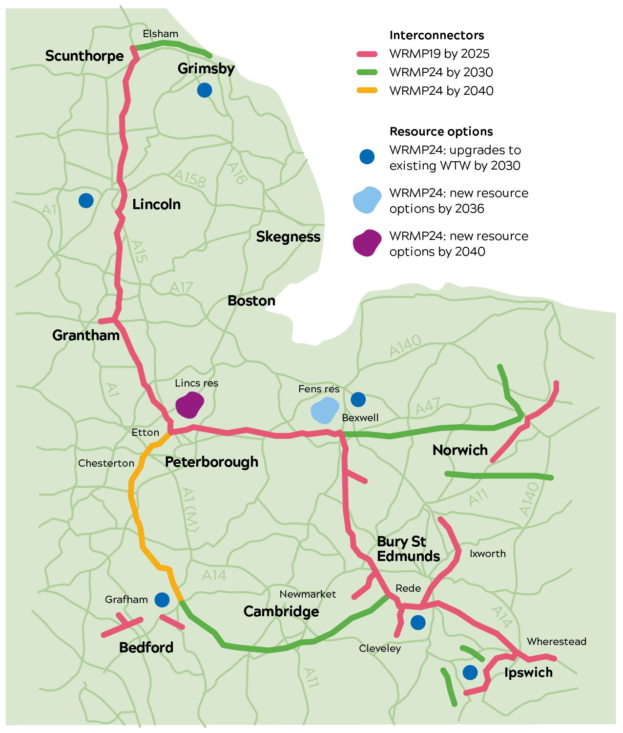 map of region with details of pipelines from cambridge to lincoln